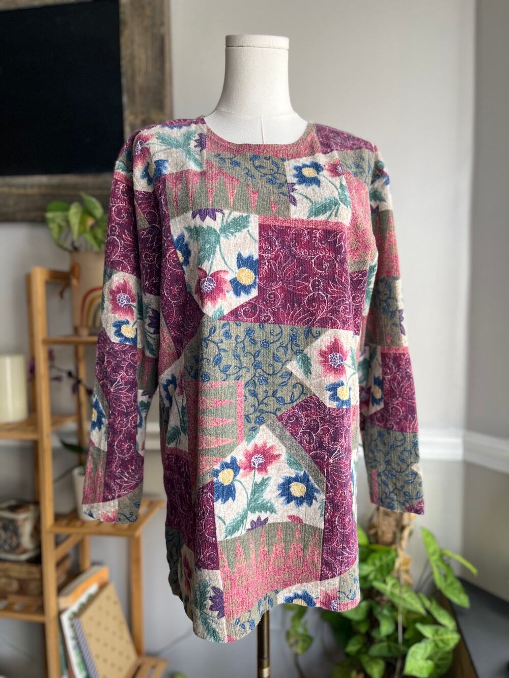 Vintage 80s Flannel Blouse Pink Green Floral Patchwork Tunic Size Medium
